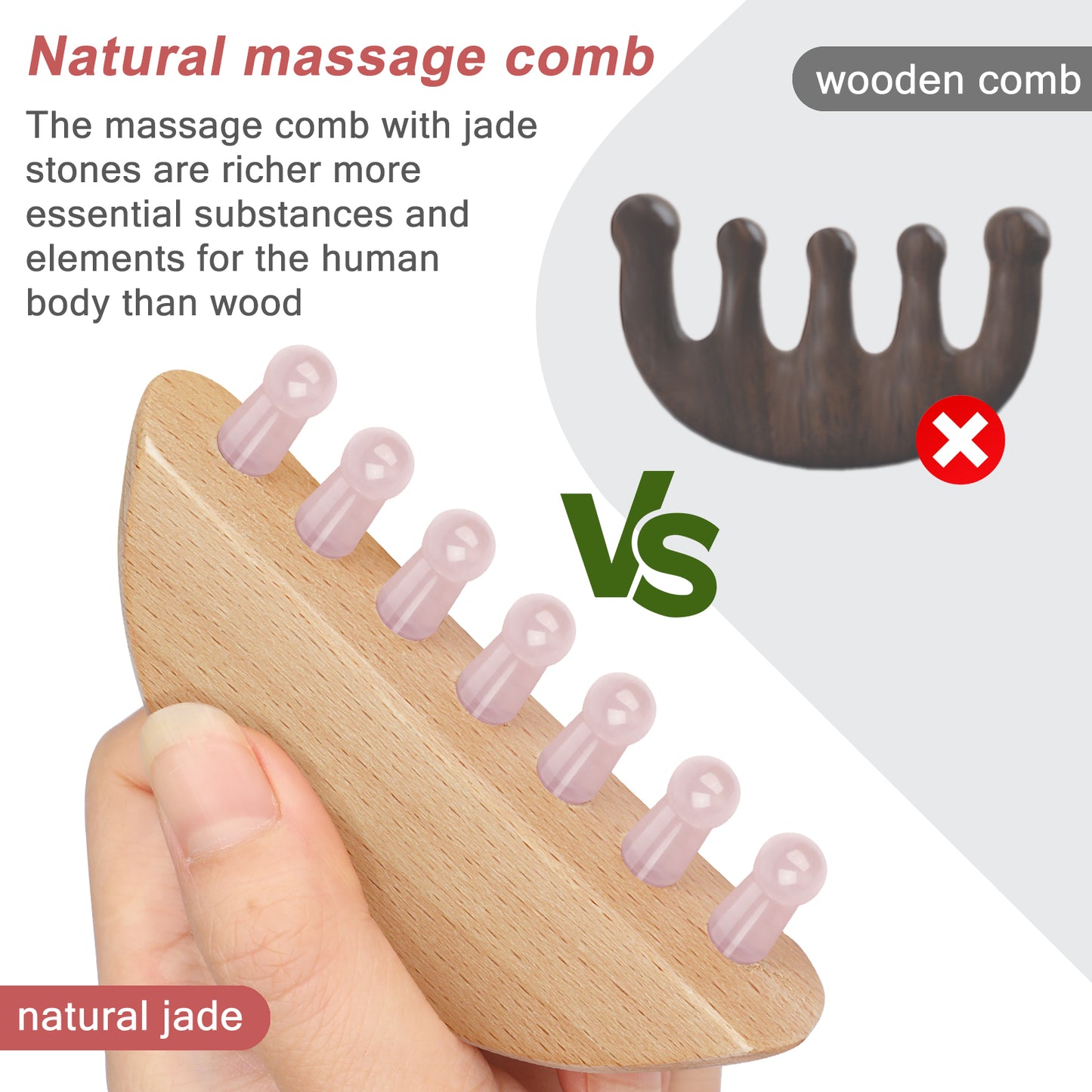 Jade comb with wooden handle for scalp massage