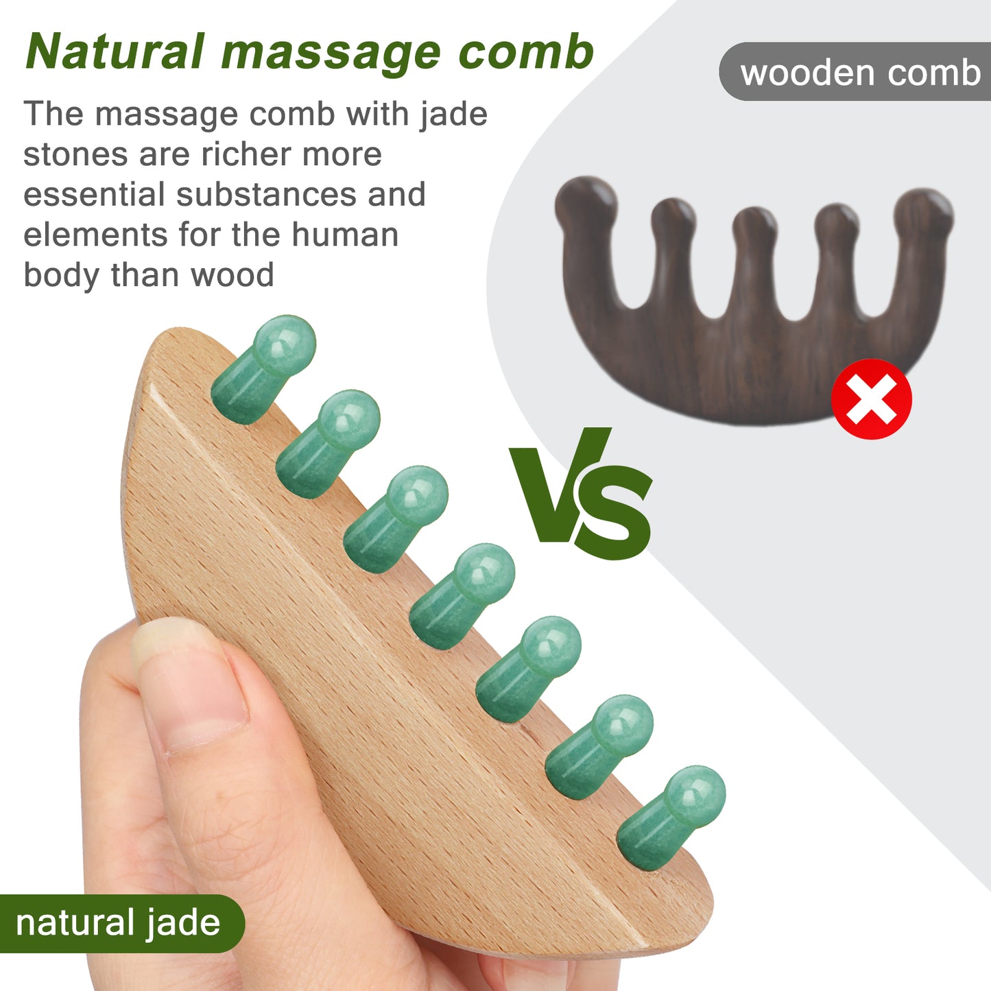 Jade comb with wooden handle for scalp massage