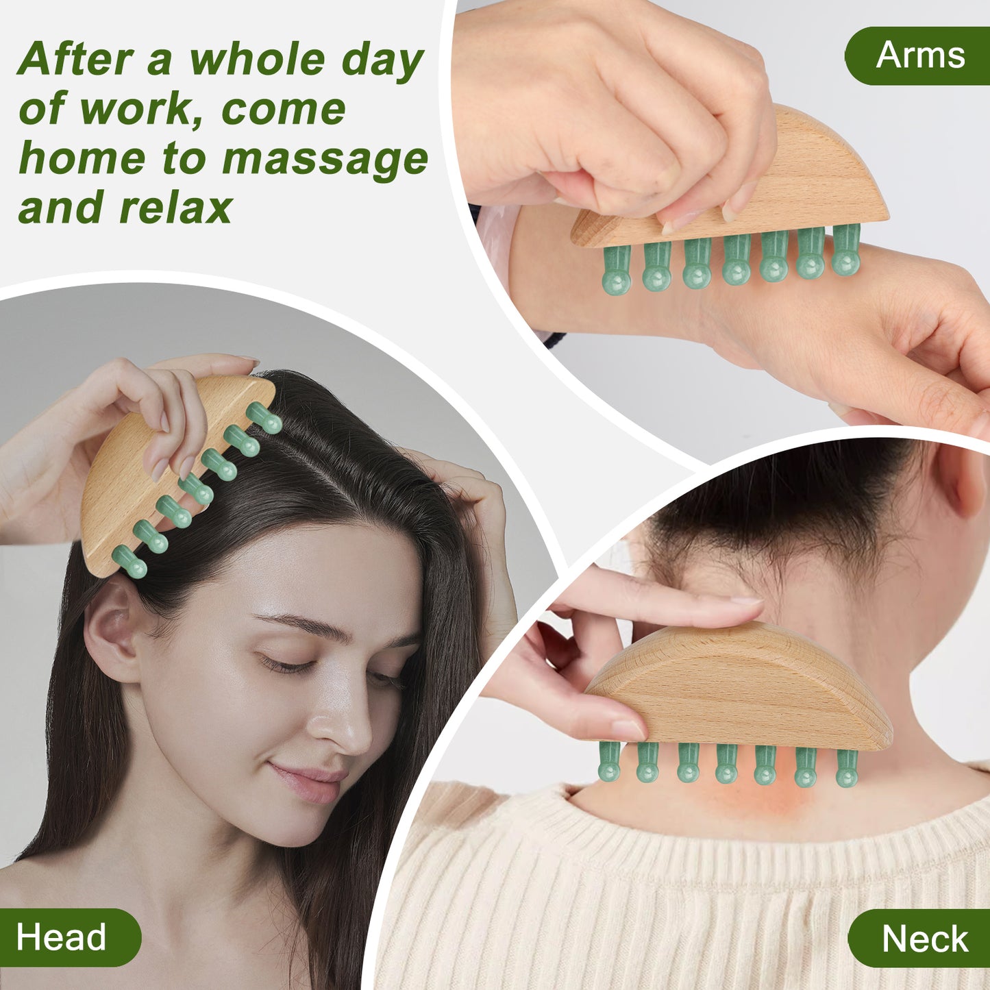 Jade comb with wooden handle for scalp massage